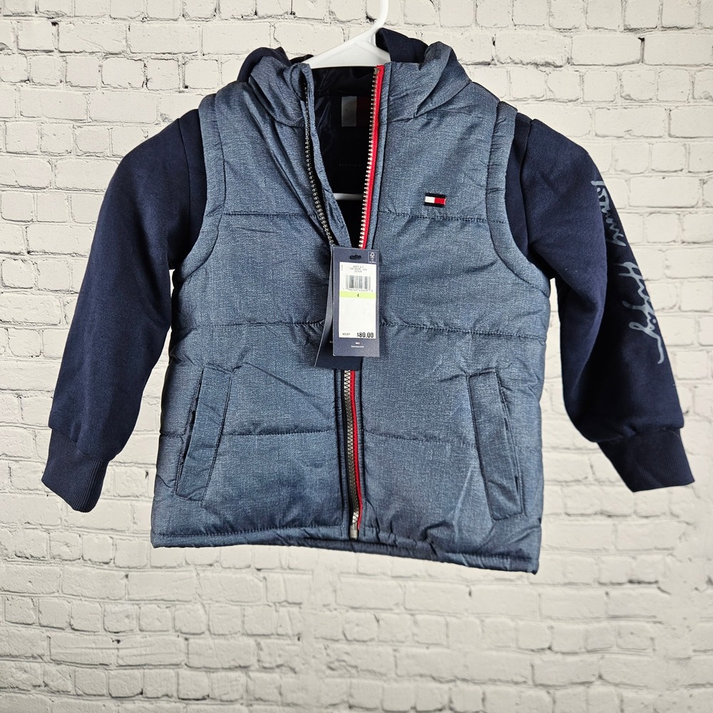 Tommy Hilfiger Boys Hooded Puffer Jacket Blue Denim Look Mixed Media Size 4 NWT